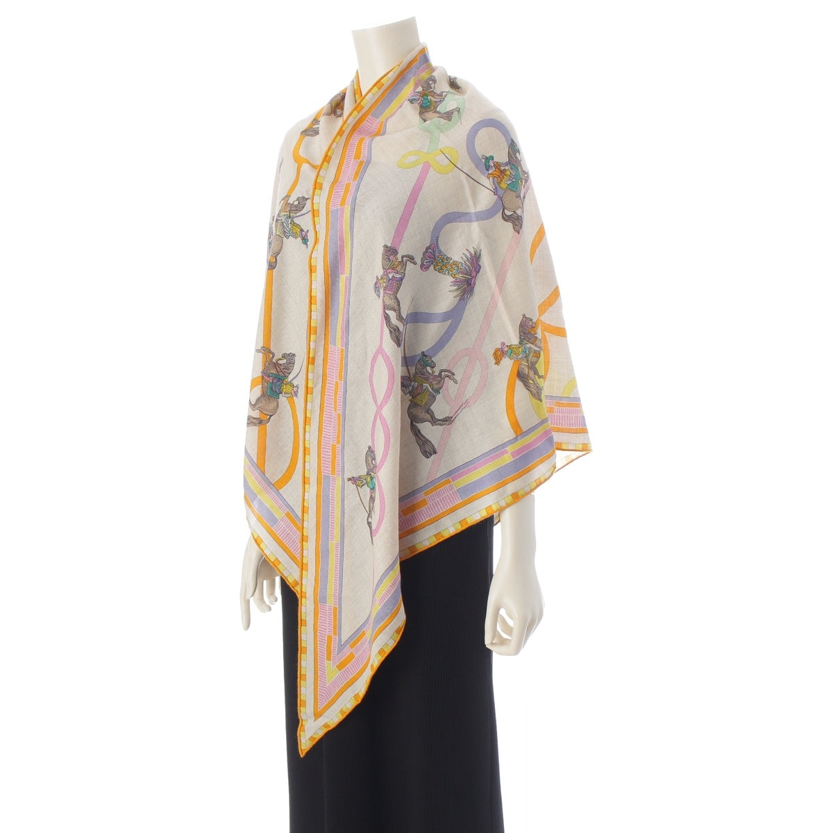 HERMES Triangle Jean cashmere silk Passades et Serpentines Stall shawl Orange Beige