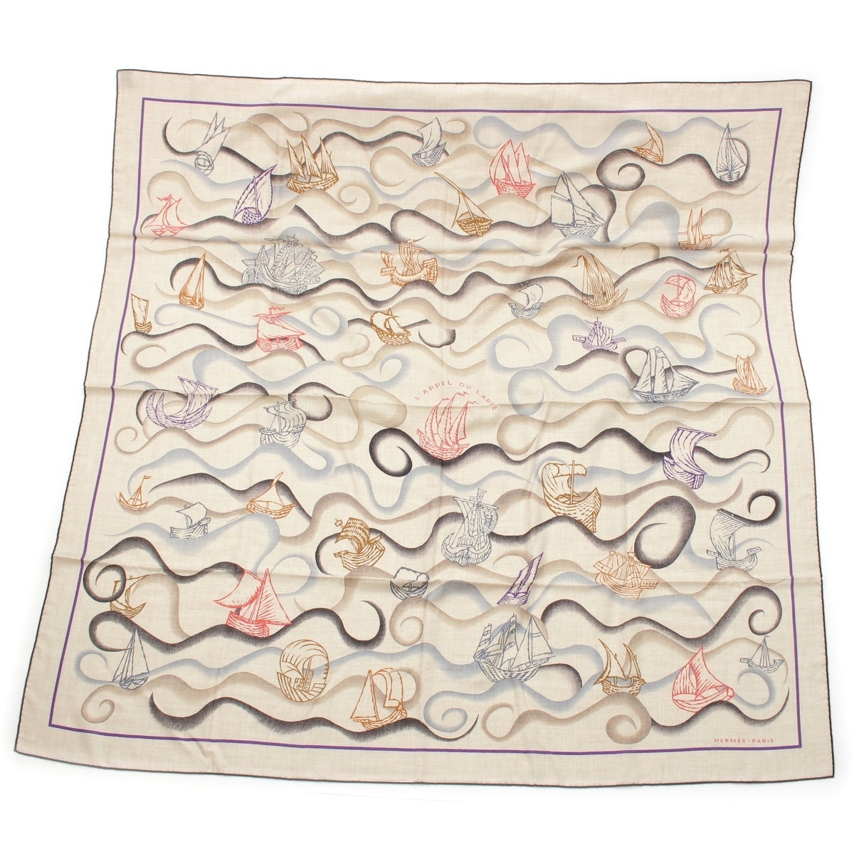 HERMES Carre Geant 140 cashmere silk L'APPEL DU LARGE - Call of the Sea - All-over print scarf Beige 140