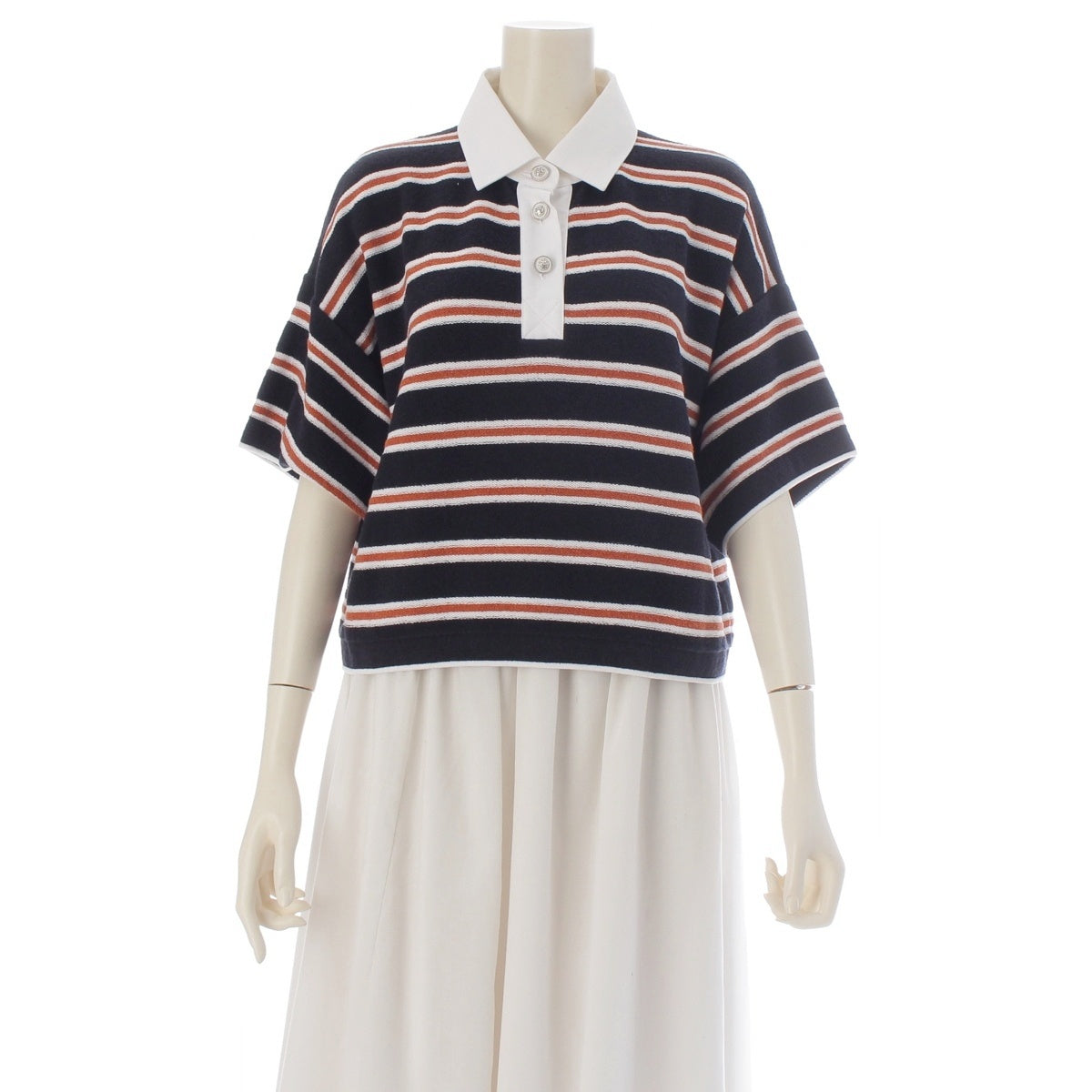 CHANEL cotton Lion Button Striped Cropped Polo Shirt tops P81003 Navy x white 36