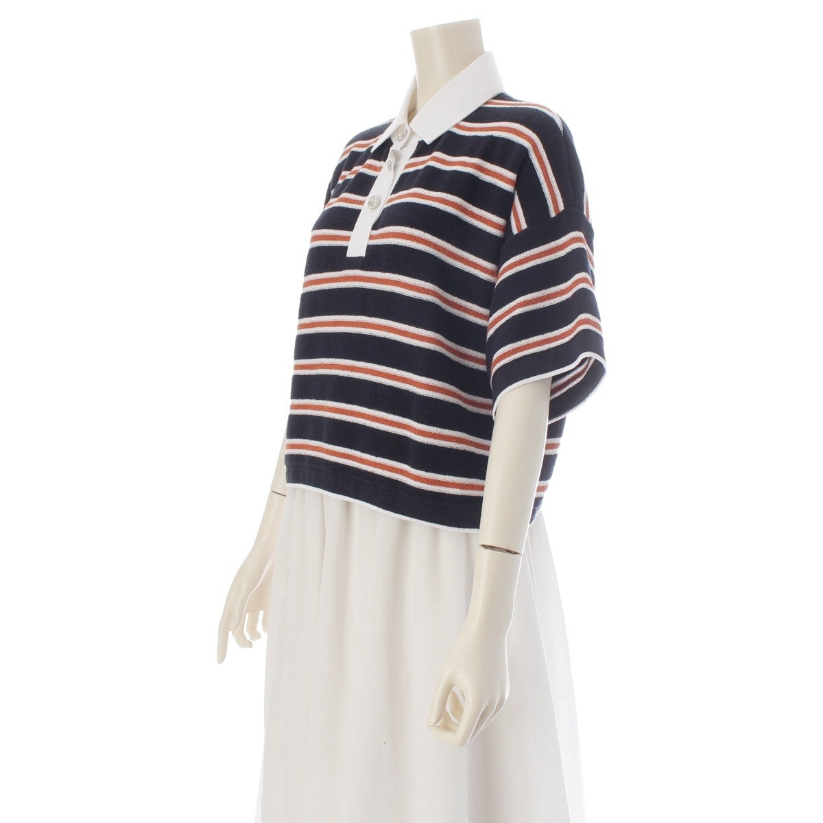 CHANEL cotton Lion Button Striped Cropped Polo Shirt tops P81003 Navy x white 36
