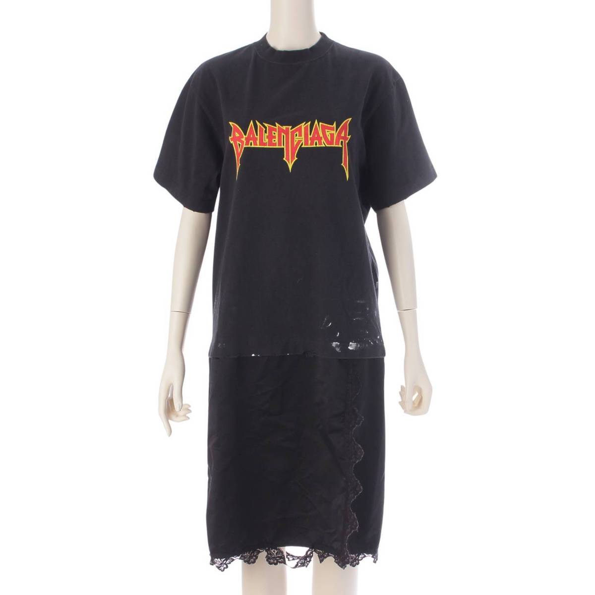 Balenciaga メタルロゴ ペイント ダメージ レイヤード コットン Tシャツ ワンピース ブラック XS (208245