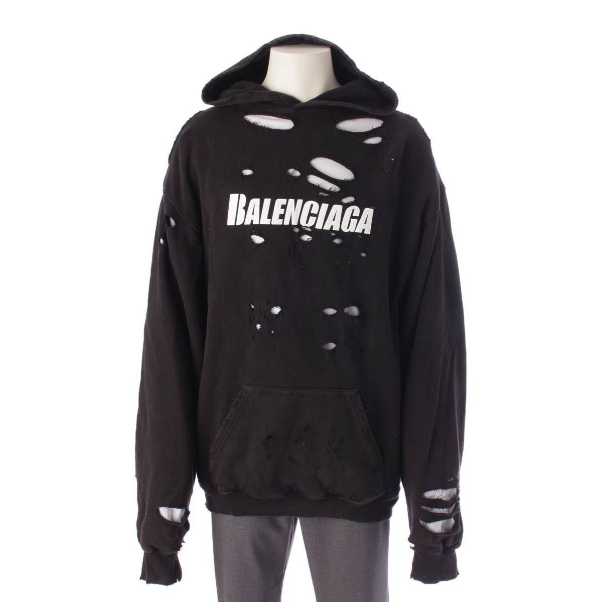 Balenciaga メンズ デストロイ加工 ロゴ 長袖 パーカー トップス 659403 ブラック XS (202280