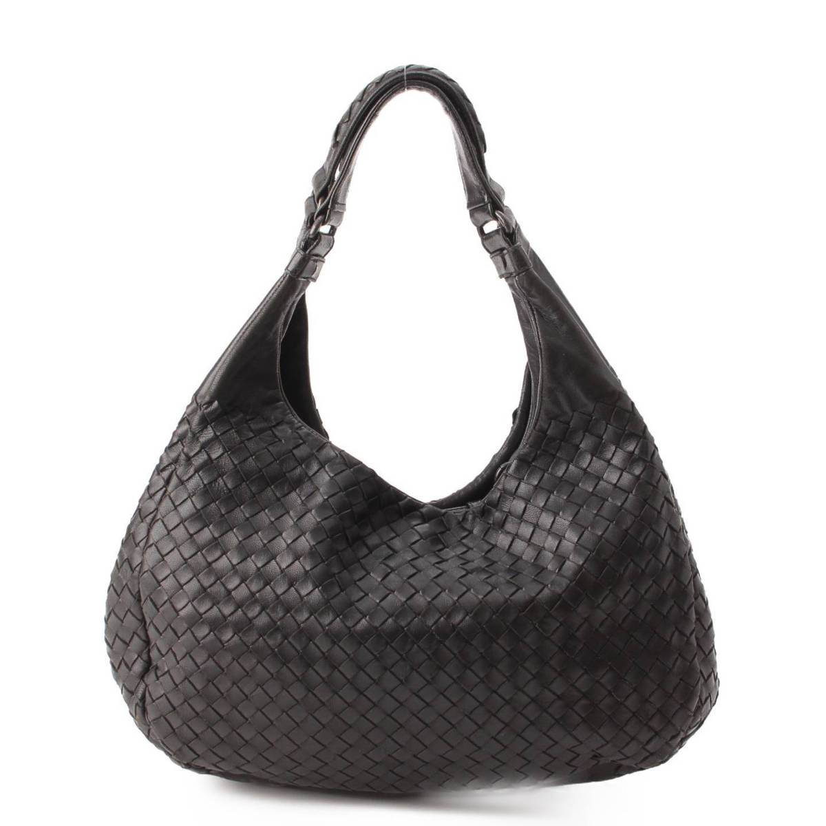 Bottega Veneta イントレチャート ミディアム カンパーナ レザー ハンドバッグ 125787 ブラック (203288