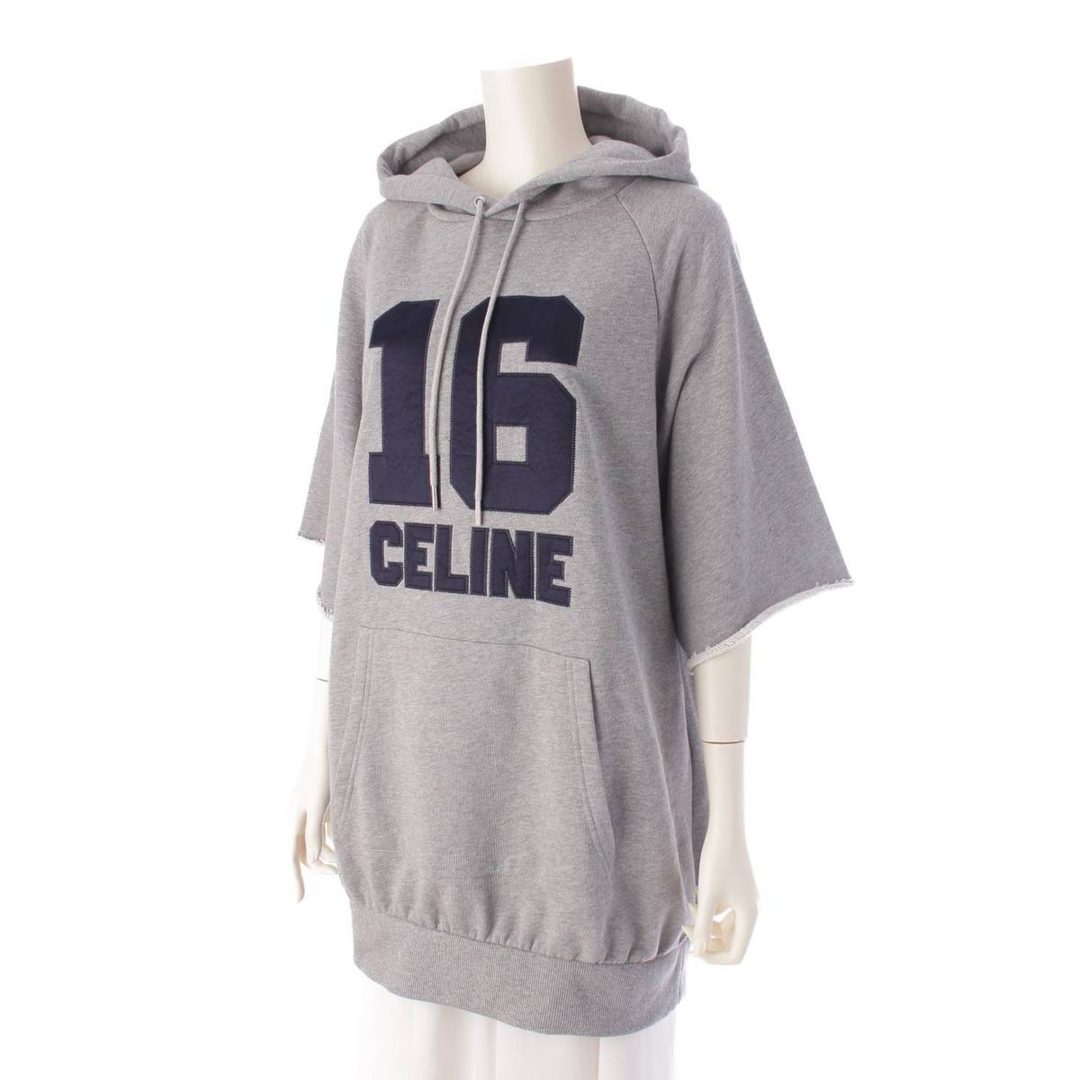 Celine 23SS 16 パッチ オーバーサイズ フーディー 半袖 コットン パーカー グレー XS (205133