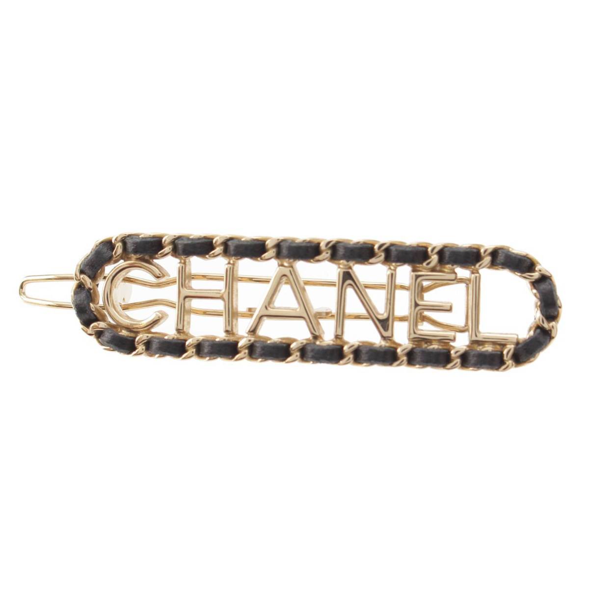 Chanel F21V ロゴ チェーン レザー バレッタ ヘアクリップ ヘアアクセサリー ゴールド (208501