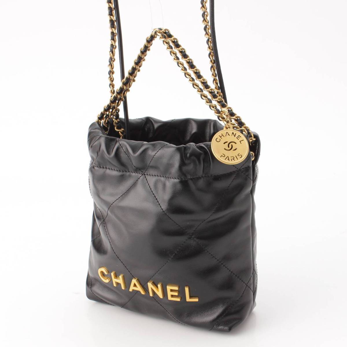 Chanel CHANEL22 ロゴ シャイニーカーフスキン チェーン ショルダーバッグ AS3980 ブラック (204462