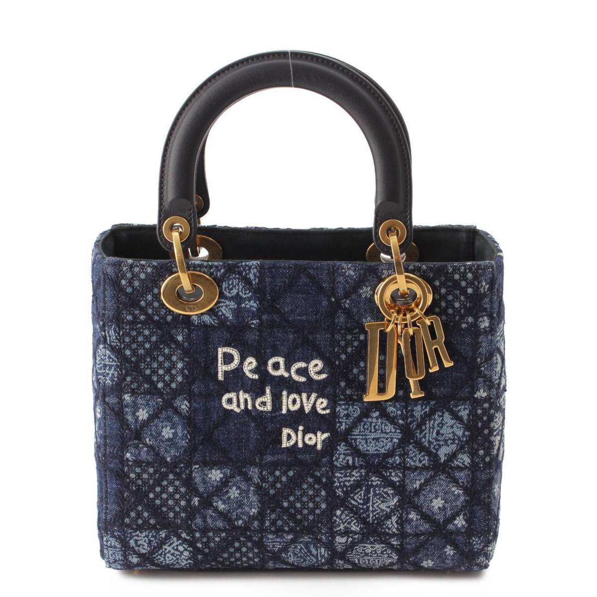 DIOR レディディオール Peace And Love 刺繍 デニム 2wayハンドバッグ ブルー (195611