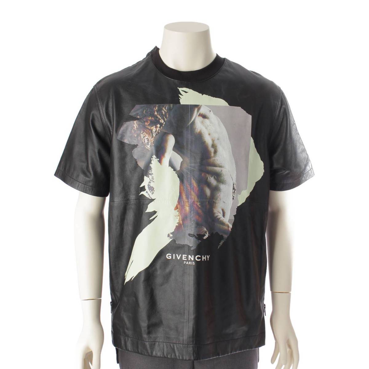 GIVENCHY 16SS メンズ ラムレザー プリント 半袖 ジップ Tシャツ トップス ブラック S (191326