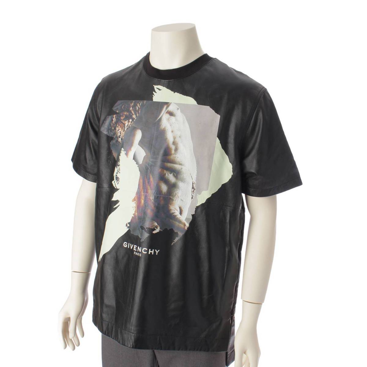 GIVENCHY 16SS メンズ ラムレザー プリント 半袖 ジップ Tシャツ トップス ブラック S (191326