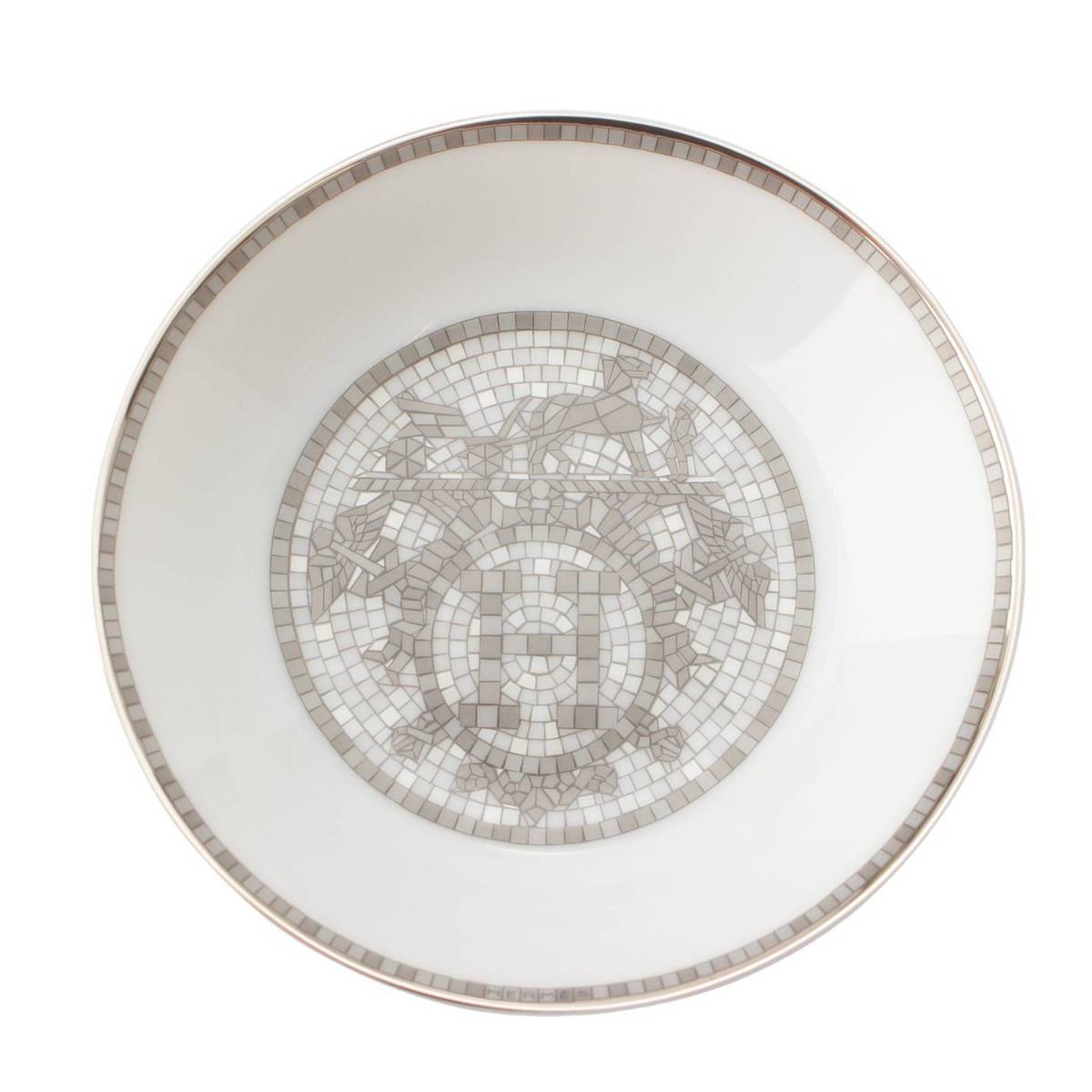 Hermes モザイク24 プラチナ 醤油皿 35086P2 グレー×ホワイト 10cm (205138
