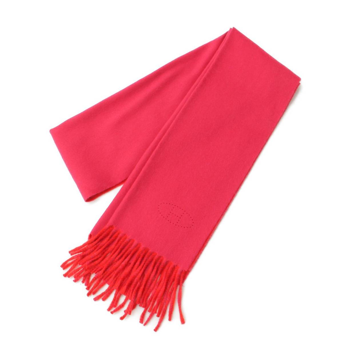 Hermes エブリン Hロゴ カシミヤ100% フリンジ マフラー ピンク×レッド (190247