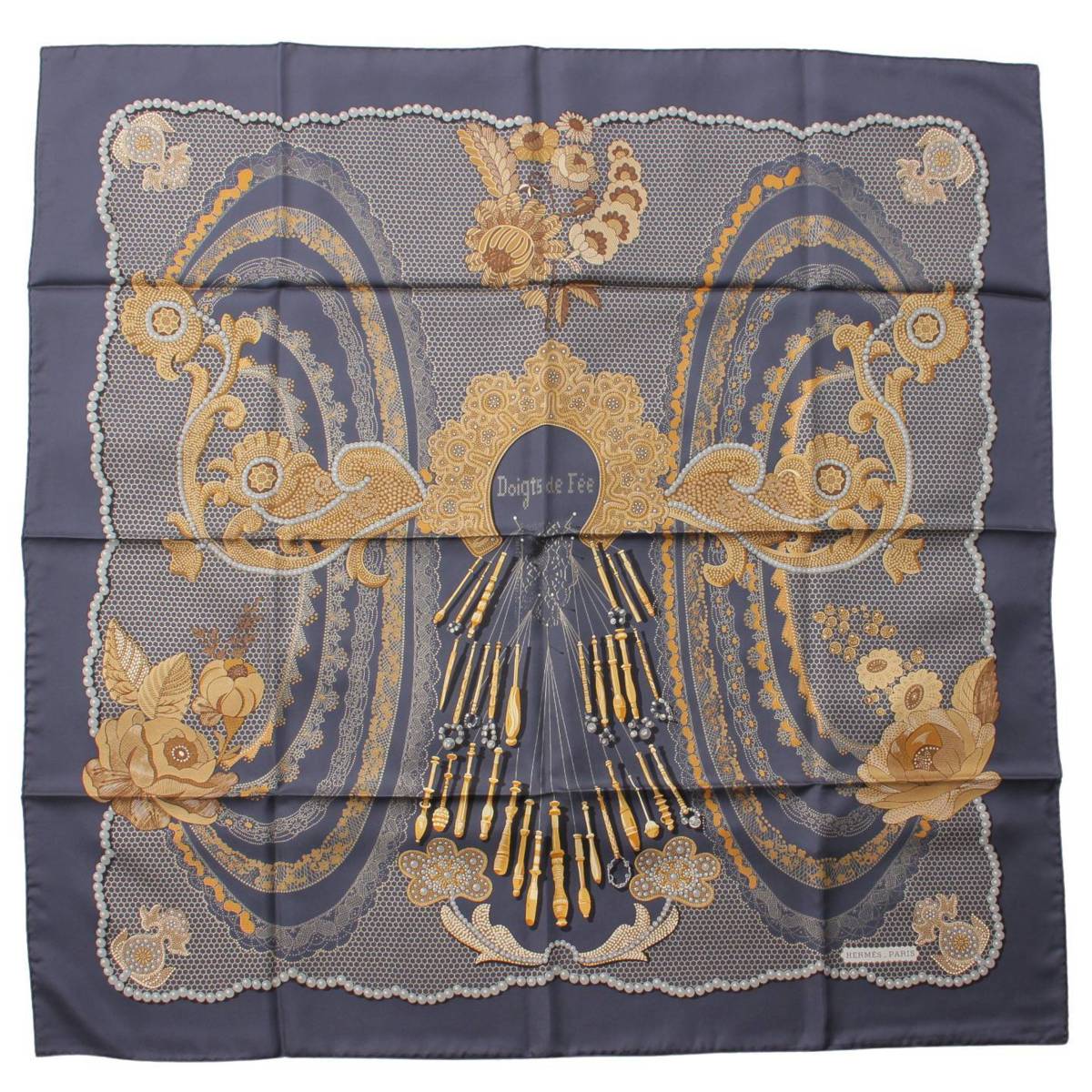 Hermes カレ90 シルクスカーフ Doigts de Fee 妖精の指 ネイビー (198893