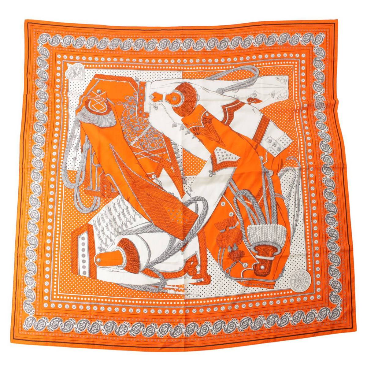 Hermes カレジェアン 140 シルク×カシミヤ スカーフ Zouaves et Dragons Bandana オレンジ (193403