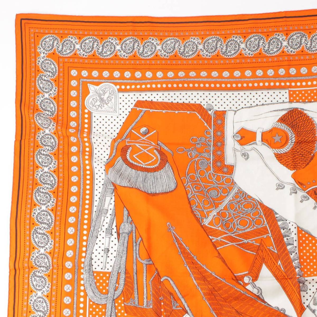 Hermes カレジェアン 140 シルク×カシミヤ スカーフ Zouaves et Dragons Bandana オレンジ (193403