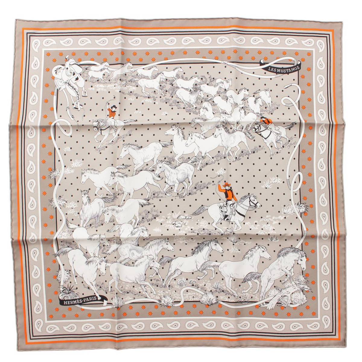 Hermes カレ55 シルク スカーフ Les Mustangs Bandana 野生馬 オレンジ ×グレー (195811