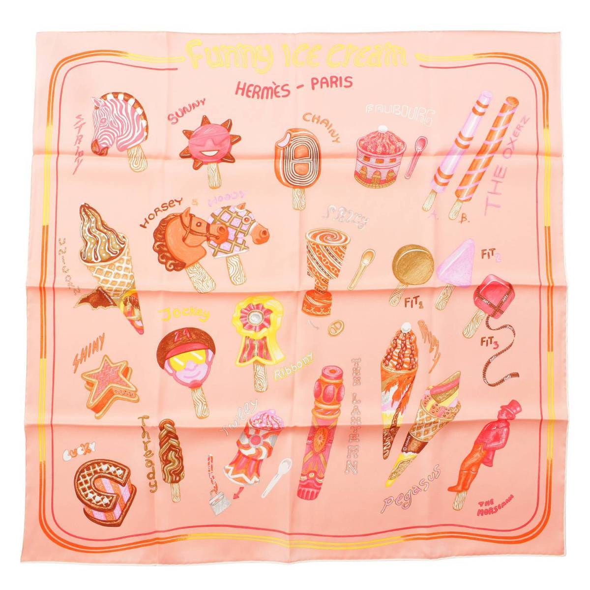 Hermes 24年 カレ70 シルク スカーフ FUNNY ICE CREAM ファニー アイスクリーム ピンク (206871