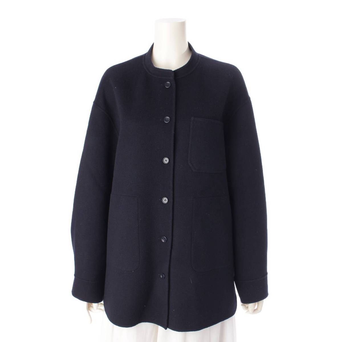 Max mara ウール ノーカラー シャツ ジャケット ショート コート 23904605336 ネイビー 40 (203766