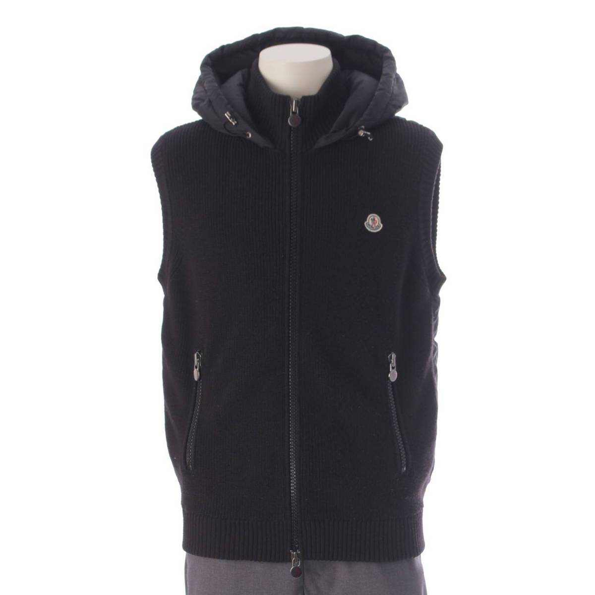 Moncler 16年 メンズ ニット切替 フード ダウンベスト ジャケット ブラック XL (207351