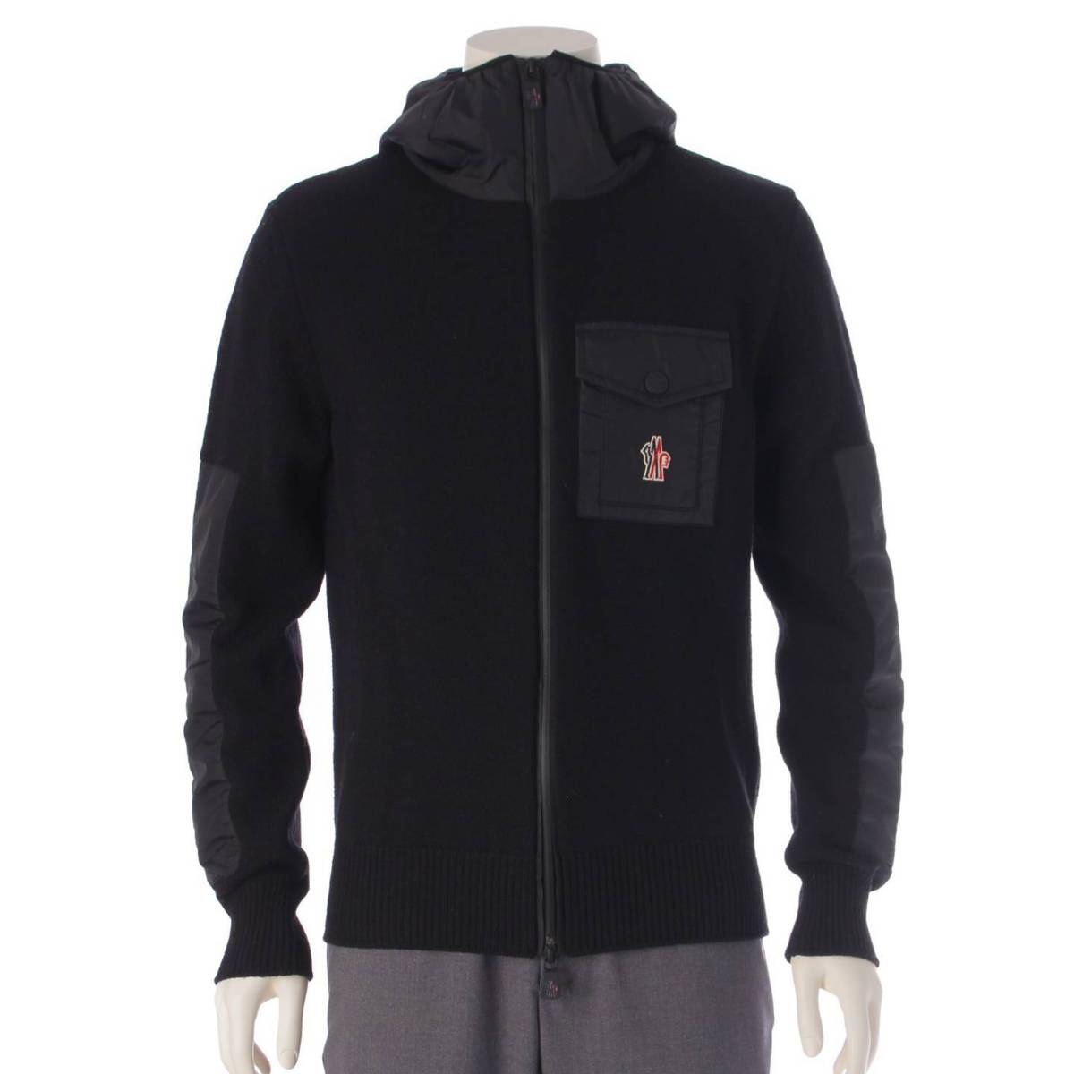 Moncler グルノーブル メンズ 22年 スタンドカラー フード ニット パーカー ブラック M (204891