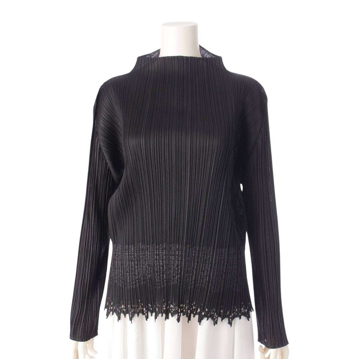 PLEATS PLEASE ISSEY MIYAKE  裾デザイン エンボス加工 ハイネック 長袖 カットソー Tシャツ PP43-JK687 ブラック 4 (207319