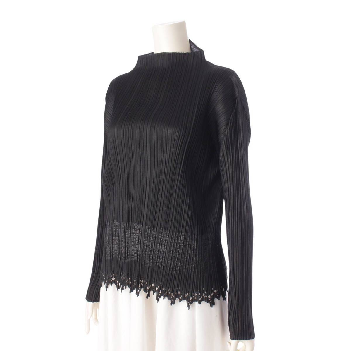 PLEATS PLEASE ISSEY MIYAKE  裾デザイン エンボス加工 ハイネック 長袖 カットソー Tシャツ PP43-JK687 ブラック 4 (207319