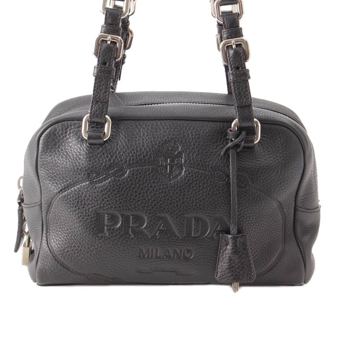 Prada 型押しレザー ロゴ ミニボストンショルダーバッグ ハンドバッグ BR3091 ブラック (210255