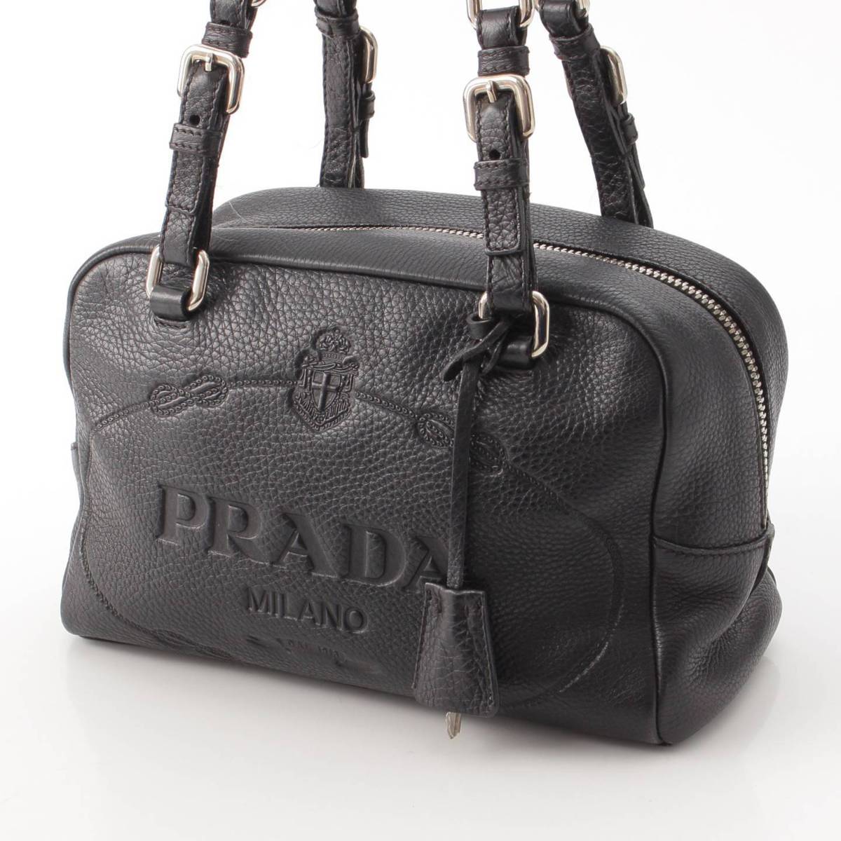 Prada 型押しレザー ロゴ ミニボストンショルダーバッグ ハンドバッグ BR3091 ブラック (210255