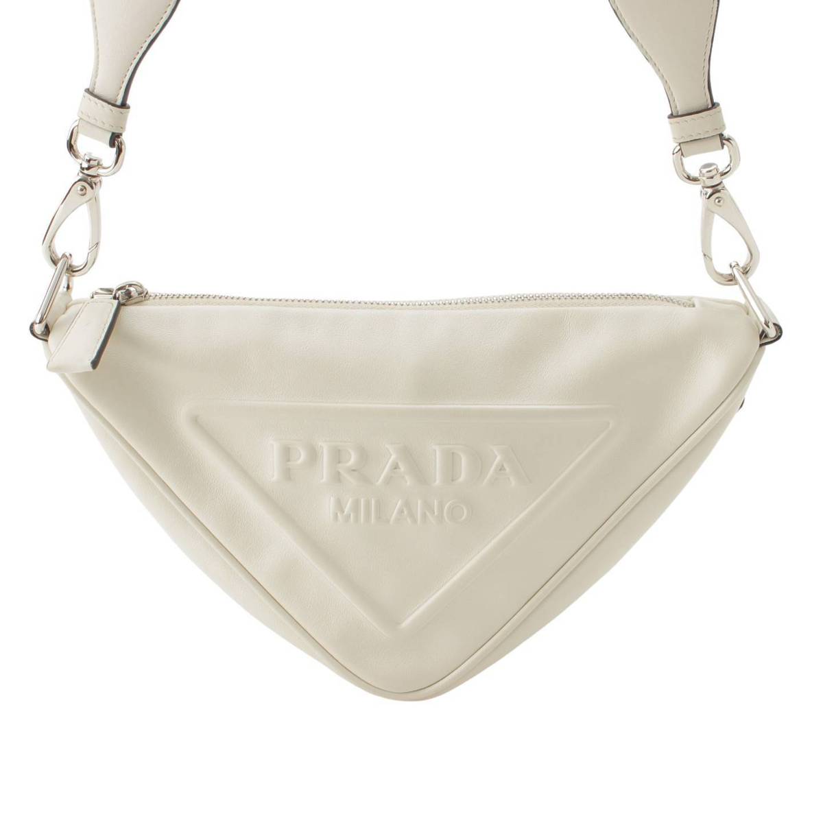 Prada ロゴエンボス トライアングル レザー ショルダーバッグ 1BH190 ホワイト (192226