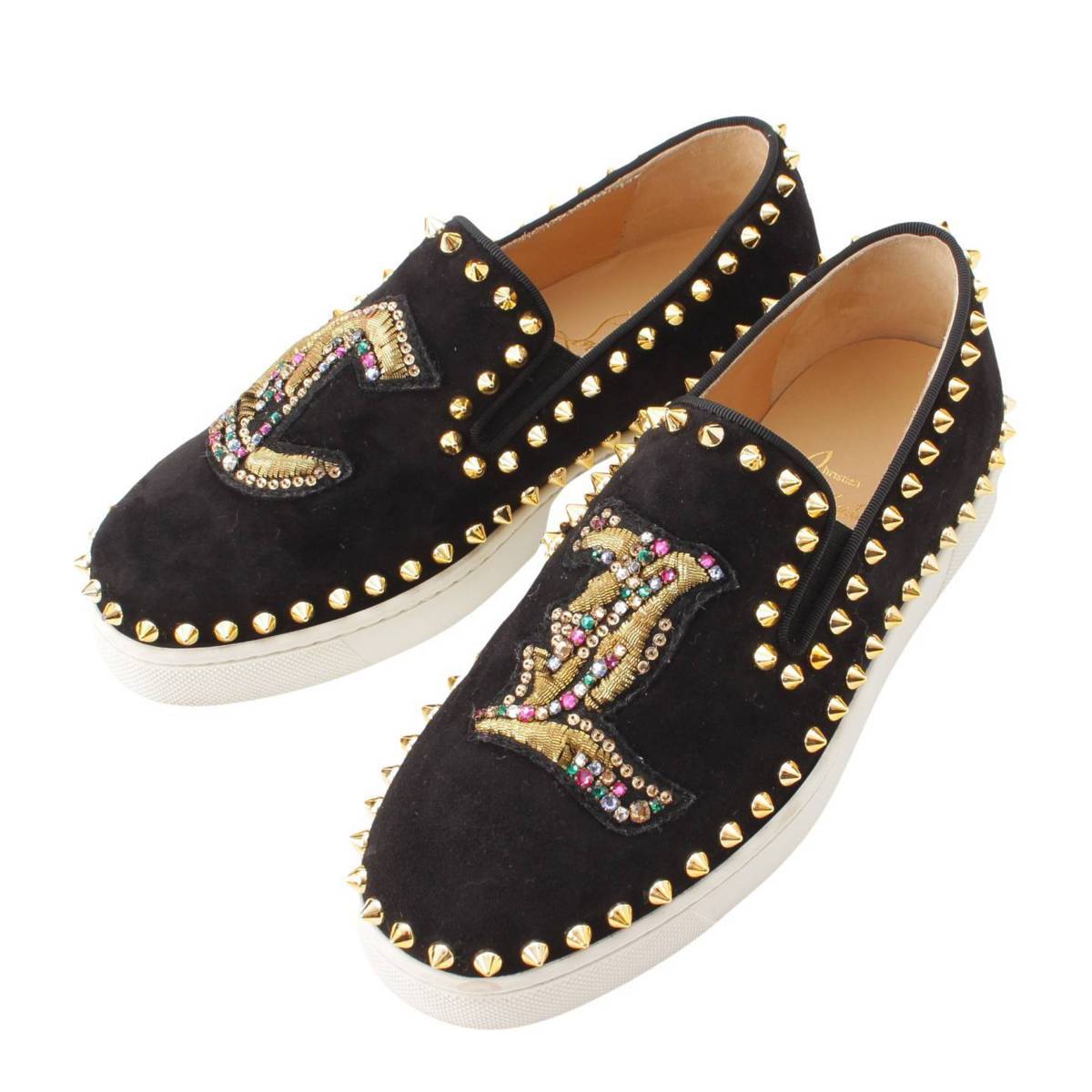 Christian Louboutin FLAT VEAU VELOURS/GG スタッズ スエード スリッポン スニーカー ブラック 35 1/2 (203126