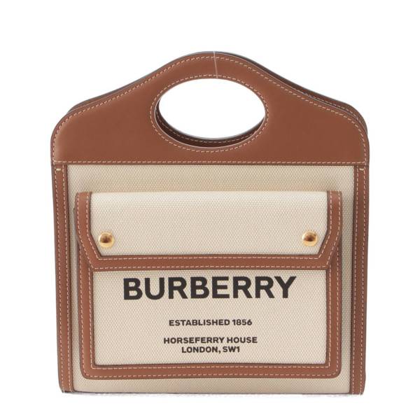 Burberry ツートン ミニ ポケット キャンバス×レザー 2way ハンドバッグ ブラウン×ナチュラル (207472